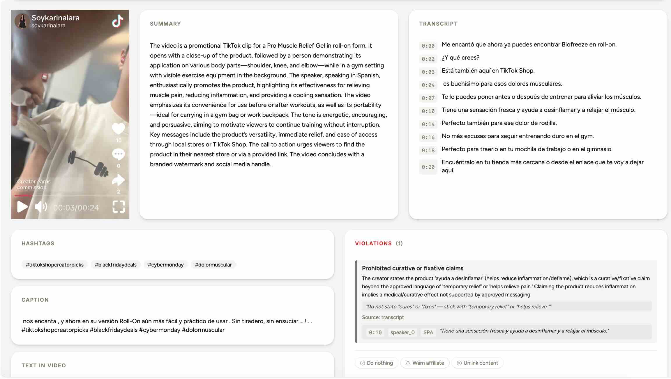 Video compliance detail page with violations and transcript